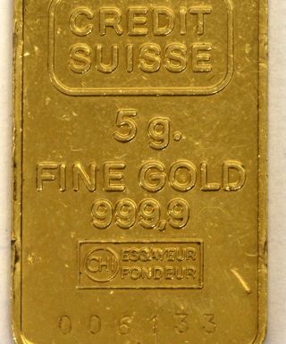 24k Yellow Gold Credit Suisse 999.  9 Fine Gold Bar 5g Liberty 1985 Maxi Gram photo