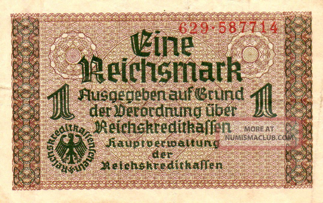 Xxx - Rare German 1 Reichsmark Third Reich Nazi Banknote Fine Con. Europe photo