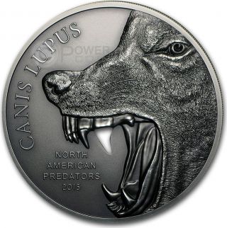 Canis Lupus Gray Wolf North American Predators Silver Coin 10$ Cook Islands 2015 photo