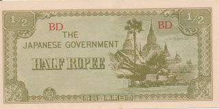 Currency Japan 1944 Wwii Burma Myanmar Occupation 1/2 Rupee Note Uncirculated photo
