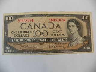 1 Canadian Hundred Dollar Bill - 1954 - Circulated - Beattie & Rasminsky photo