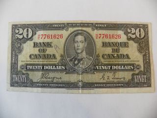 1 Canadian Twenty Dollar Bill - 1937 - Circulated - Coyne & Towers photo