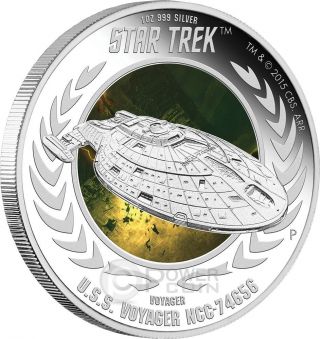 U.  S.  S.  Voyager Ncc - 74656 Spaceship Star Trek Series Silver Coin 1$ Tuvalu 2015 photo