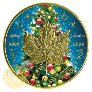 2016 Canada 1 Oz Silver $5 Maple Leaf Christmas Colorized & Gold Gilded Coin photo