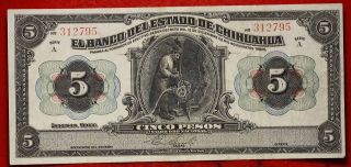 1913 Mexico Chihuahua 5 Pesos Note S - 132a Freesh photo
