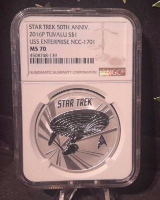 Enterprise 2016 - P $1 Tuvalu Star Trek 50th Anniversary.  999 Silver Ngc Ms70 1 Oz photo