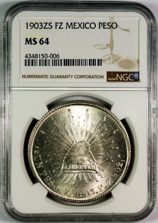 1903 - Zs Mexico Fz Silver 1 Peso Coin Ngc Ms64 Peso Fuerte photo