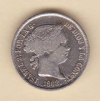 Spain Philippines Isabella Ii 20 Centavos 1868 Silver 2 photo