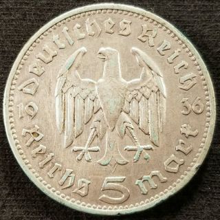 German Coin 5 Mark Reichsmark 1936 F 90 Silver Eagle Hindenburg Nazi 3rd Wwii photo