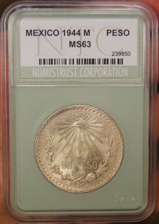 Mexico - 1 Un Peso - 1944 M - Slabbed - Choice Ms Unc -.  720 Silver.  3858 Oz Asw photo