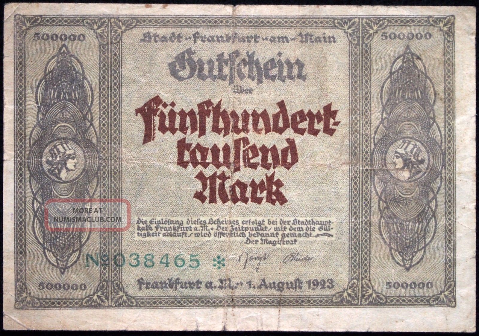 Frankfurt 1923 500,  000 Mark Inflation Notgeld Germany Europe photo