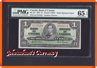 Jc&c - Bc.  21c (better Pick) 1937 $1 Canada,  Bank Of Canada - Gem 65 Epq By Pmg photo