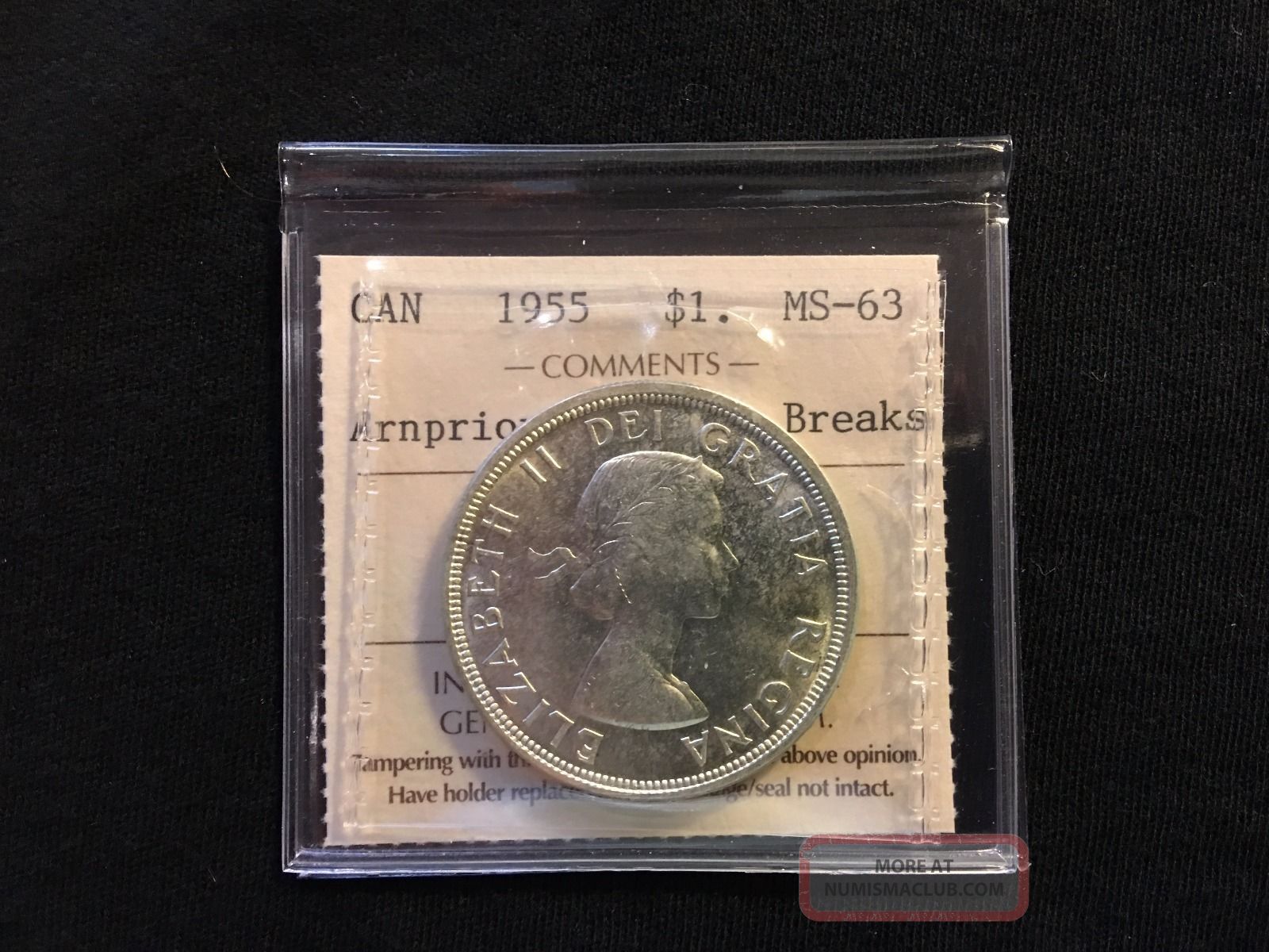 1955 Canada Silver Dollar Arnprior With Die Breaks Ms 63 Coins: Canada photo
