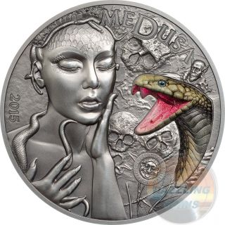 Medusa Gorgon Mythical Creatures Marble Inlay 2 Oz $10 Silver Coin 2015 Palau photo