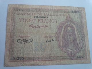 1943 Ww Ii Algeria 20 Francs Banknote P 78 photo
