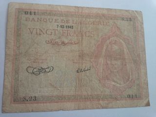 1942 Ww Ii Algeria 20 Francs Banknote P 78 photo