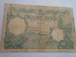 1936 Algeria 50 Francs Banknote P 80 photo