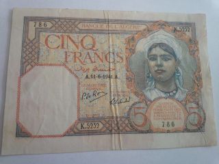 1941 A Algeria 5 Francs Banknote P 77 photo