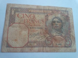 1933 A Algeria 5 Francs Banknote P 77 photo