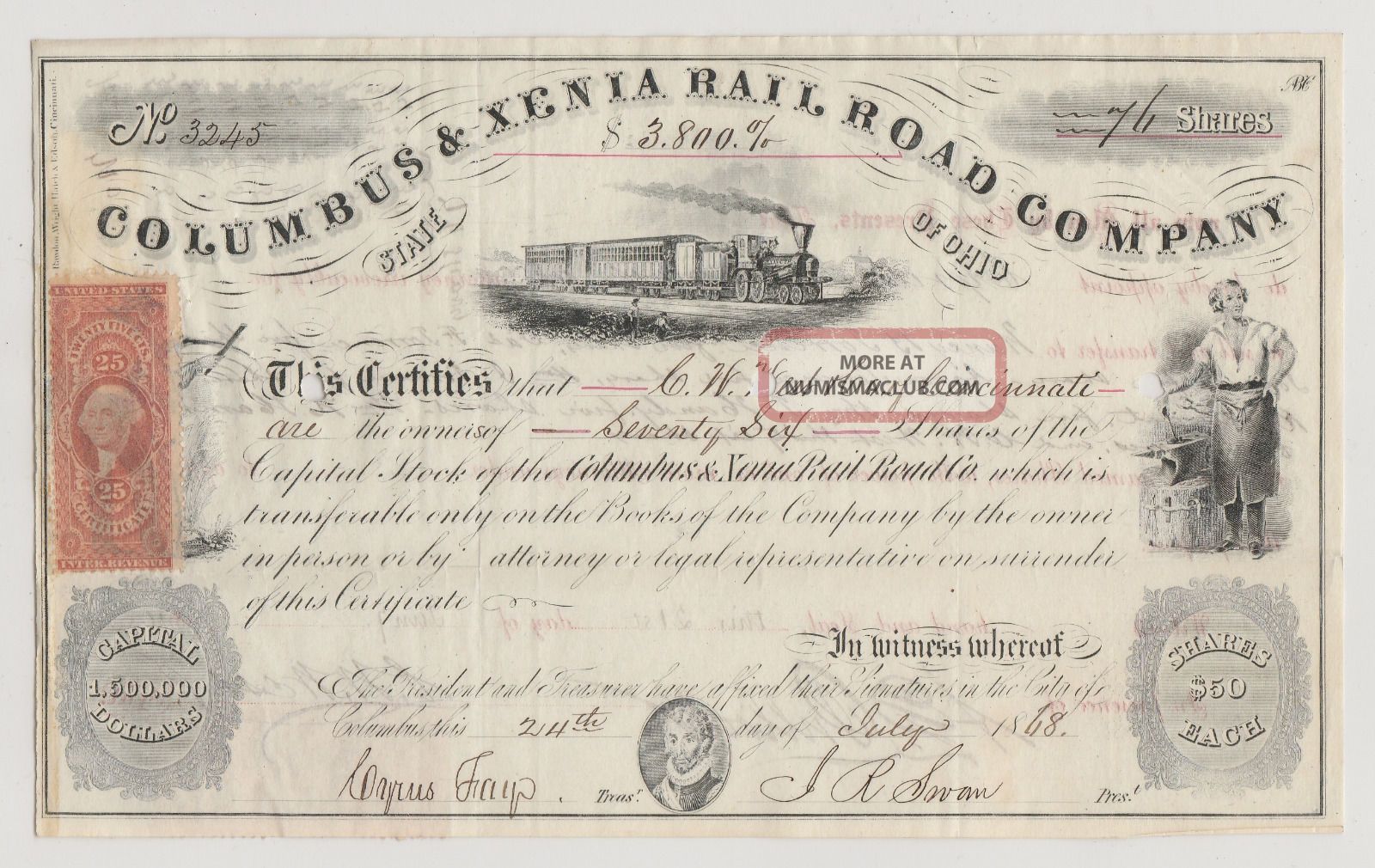 1868 Columbus & Xenia Rail Road Company.  Issued/signed/cancelled/transferred. Transportation photo