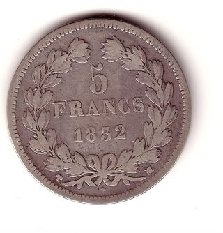 French Coin : 5 Francs Silver,  Louis Philippe.  1832.  Ma.  Marseille Grade F photo