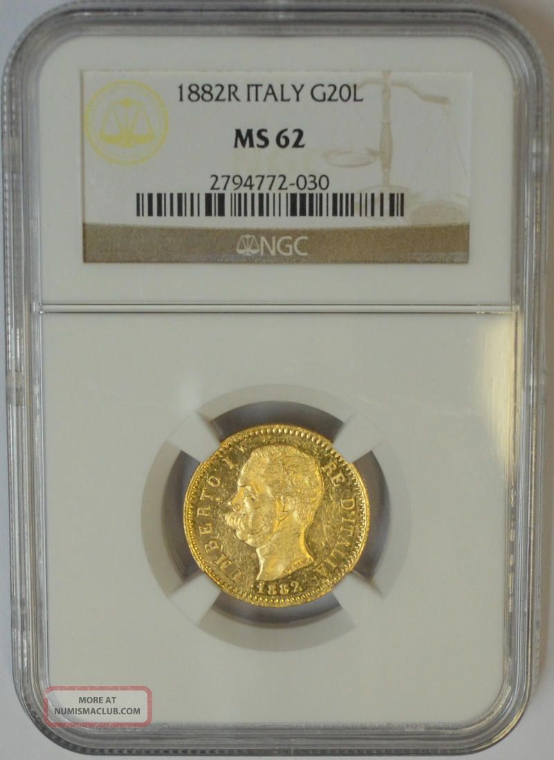 1882 R Italy 20 Lire Gold.  Ngc Ms62.  Umberto I. Italy, San Marino, Vatican photo