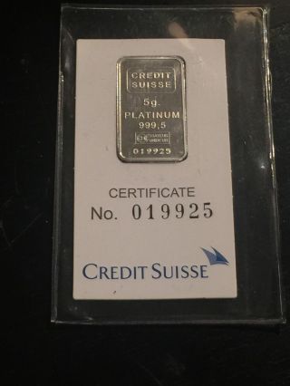 5 Gram.  9995 Platinum Bar - Credit Suisse Liberty Mtb Valcambi photo