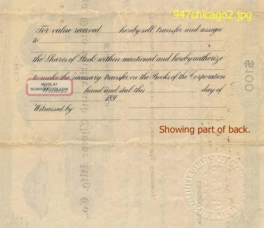 Stock Certificate Chicago Ohio Butter And Cheese Mfg.  Co.  1893 Aka Willard Oh Stocks & Bonds, Scripophily photo