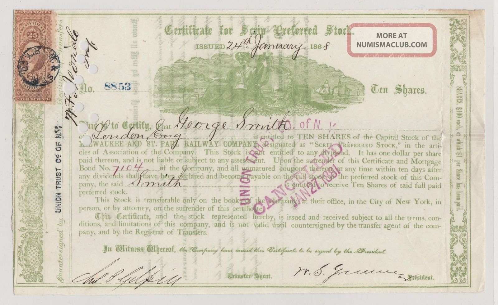 1868 Milwaukee And St.  Paul Railway Company.  Issued/signed/cancelled. Transportation photo