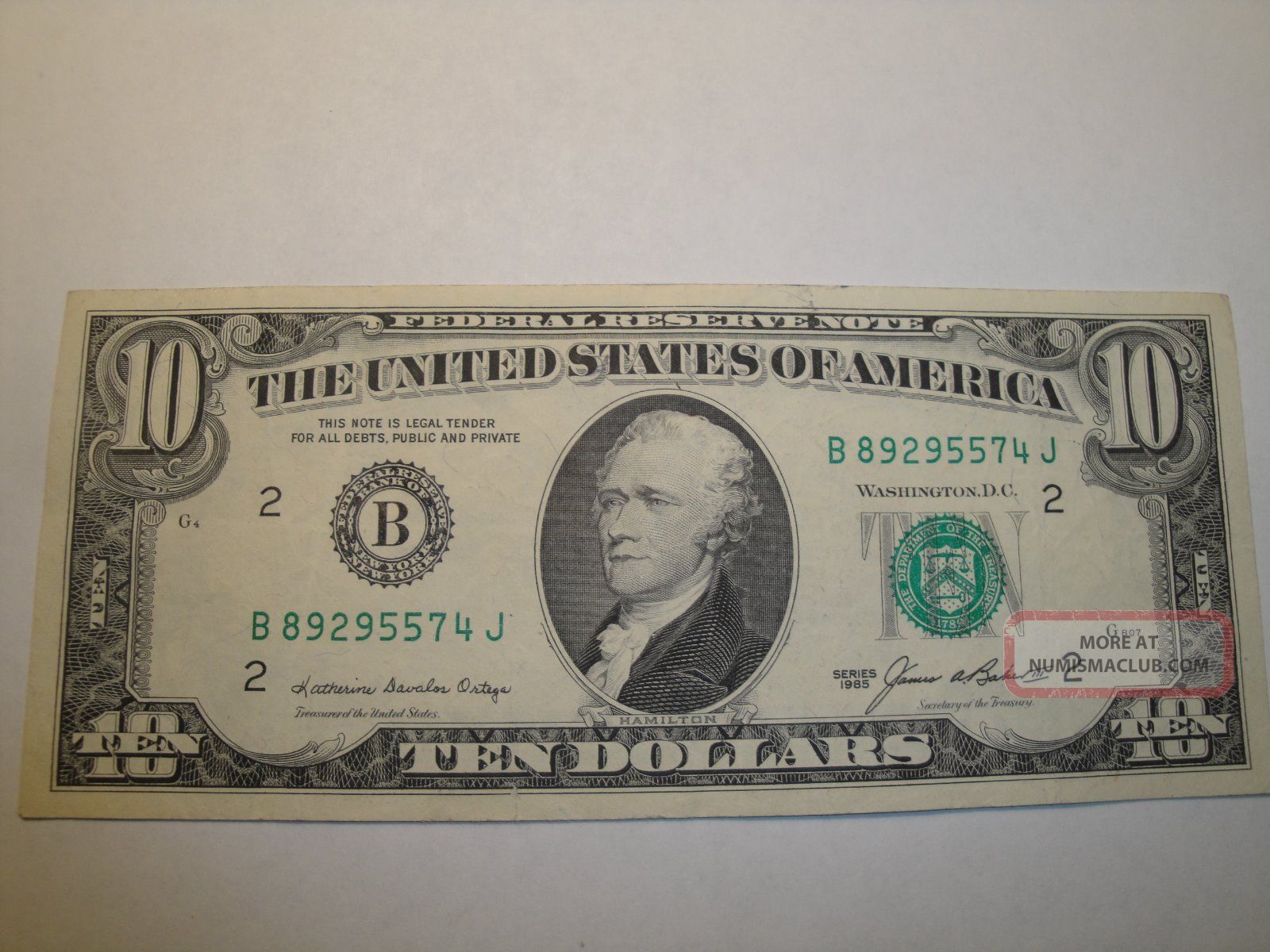 (1) $10.  00 Series 1985 Federal Reserve Note Xf Circulated. Small Size Notes photo