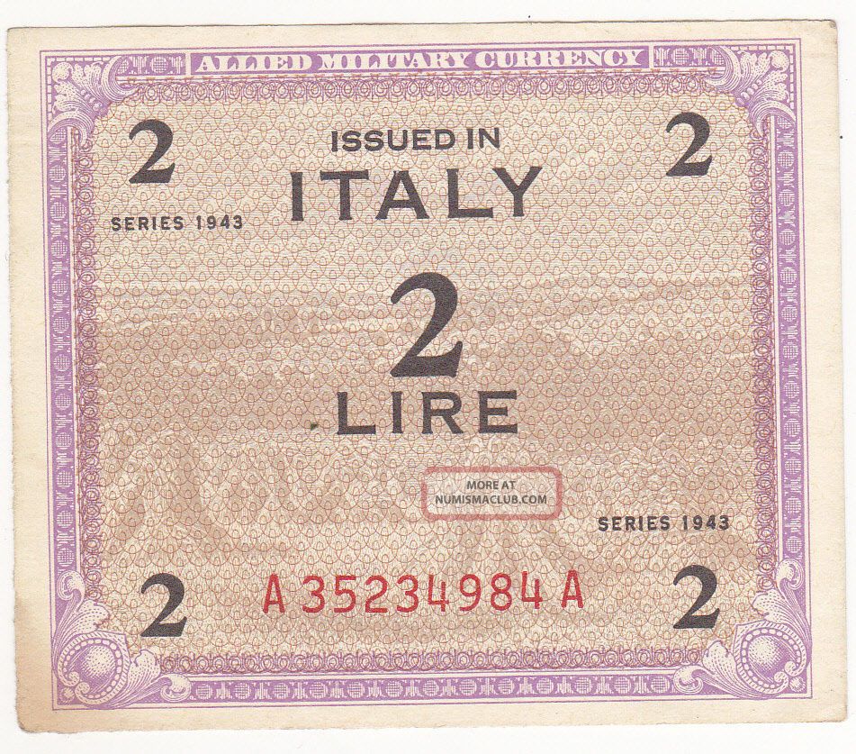 Italy: 2 Lire Allied Invasion Note,  Series 1943,  Invasion Of Sicily,  Wwii,  Au Europe photo