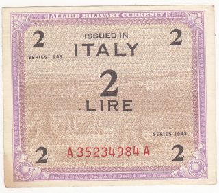 Italy: 2 Lire Allied Invasion Note,  Series 1943,  Invasion Of Sicily,  Wwii,  Au photo