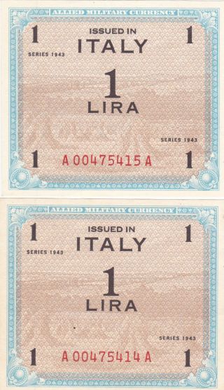Italy: 1 Lira Allied Invasion Note,  Series 1943,  Wwii.  P - M10,  Consecutive S,  Cu photo