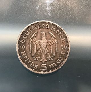 German Nazi 5 Mark Coin Silver 1936 A Berlin Germany Reichsmark Collector,  1/8/17 photo