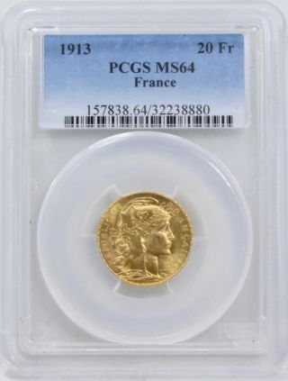 1913 20 Francs France Gold Coin Pcgs Graded Ms64 Agw.  1867 Km 857 photo