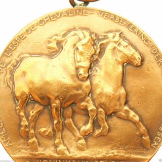 Galloping Belgian Draft Horses - 1914 Antique Art Medal Pendant Signed Jul Lagae photo