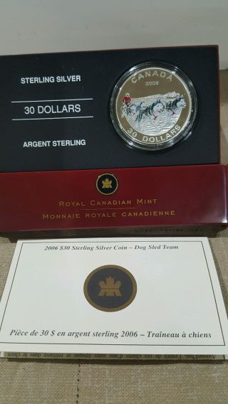 Royal Canadian 2006 30$ Sterling Silver Coin Dog Sled Team Colorized photo