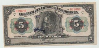 Mexico Frampton M95 1913 El Banco Del Estado De Chihuahua 5 Pesos Abnc Serie A photo