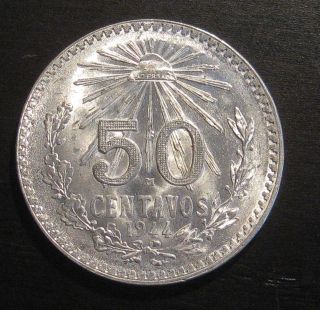 1944 Mexico 50 Centavos 50c.  720 Silver Half Peso Cap And Ray Coin photo