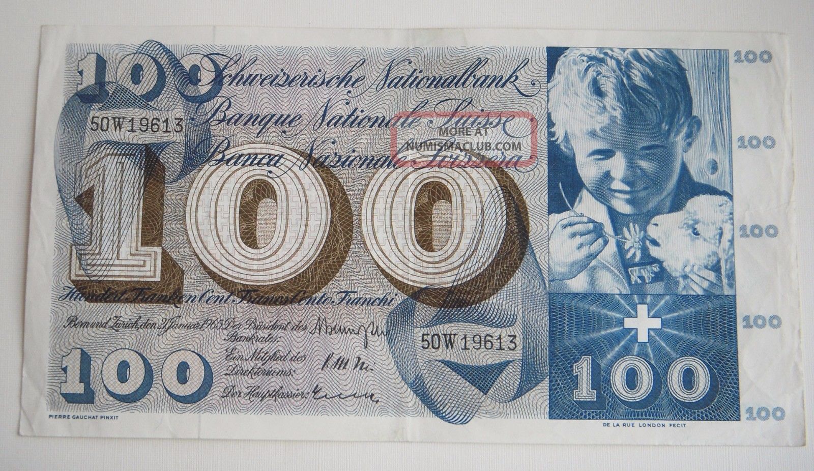 Switzerland 100 Franken Francs 1965 Europe photo