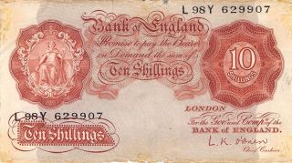 Uk 10/ - Nd.  1955 P 368c Series L 98y Circulated Banknote 2d2 photo