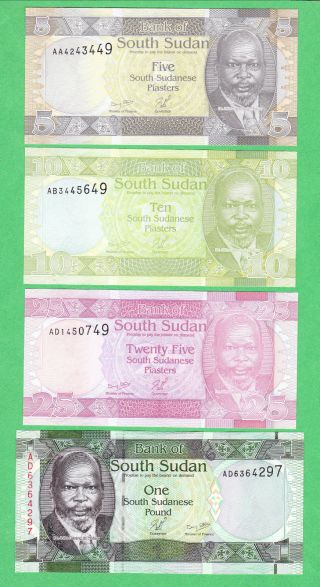 South Sudan 5,  10,  & 25 Piasters & 1 Poundnote P - 1,  P - 2,  P - 3 & P - 5 Uncirculated photo