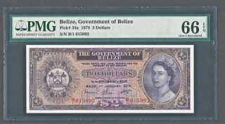 1975 Belize $2 Two Dollars,  Gem Unc,  Pmg 66 Epq,  British Qeii Issue photo