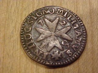 1726 Copper One Grano Coin Antonio De Vilhena Knights Malta Cross Order St.  John photo