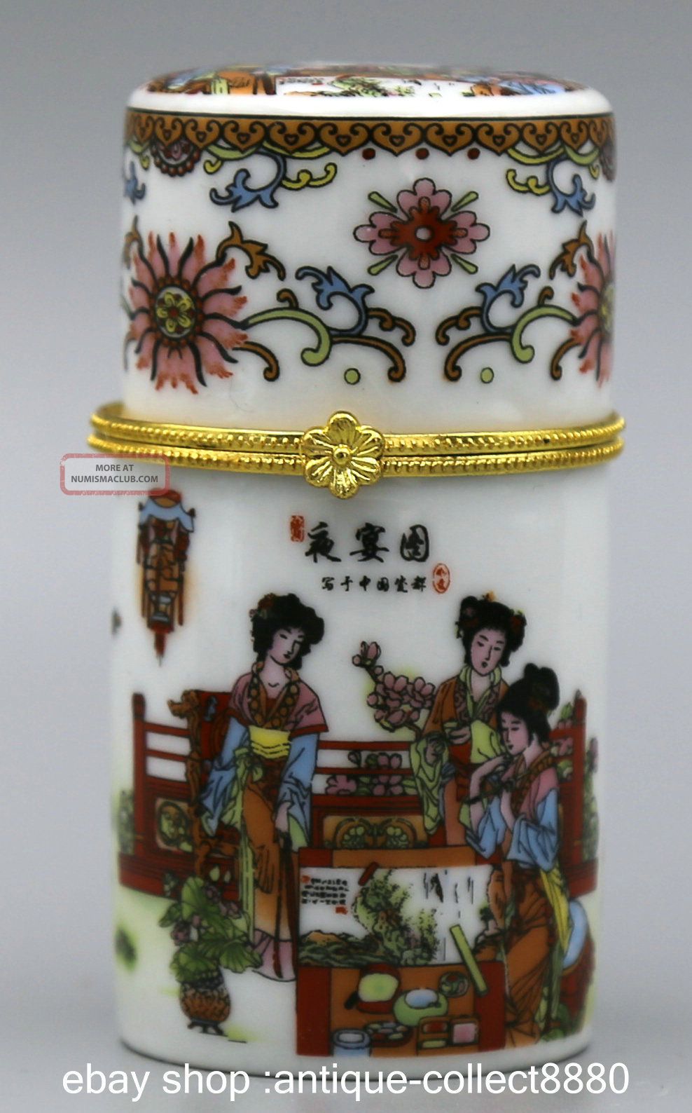 81mm China Colour Porcelain Woman Flower Scalewing Vogue Toothpick Box Coins: Ancient photo