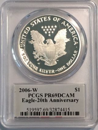 2006 W Proof Silver Eagle Pcgs Pr69 Dcam - 20th Anniversary Edmund C Moy Label photo