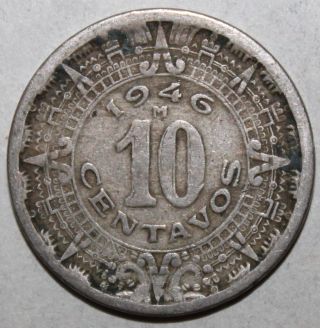 Mexican 10 Centavos Coin,  1946 - Km 432 - Mexico - Ten - Aztec Calendar photo