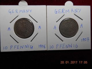 Germany,  Empire 10 Pfennig,  1906 A,  1907 A (vf) photo