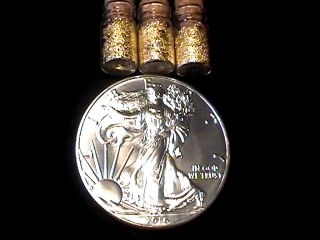 1 Ounce.  999 Fine Silver 2016 American Silver Eagle Bu,  3 Jars 24k Gold Flakes photo
