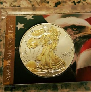 2015 American Silver Eagle 1 Troy Oz At.  999 24kt Gold Gilded Bu W/eagle Case photo